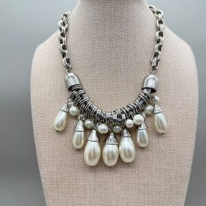 Veronese Silver Tone Faux Pearl Teardrop Bib Statement Necklace Adjustable